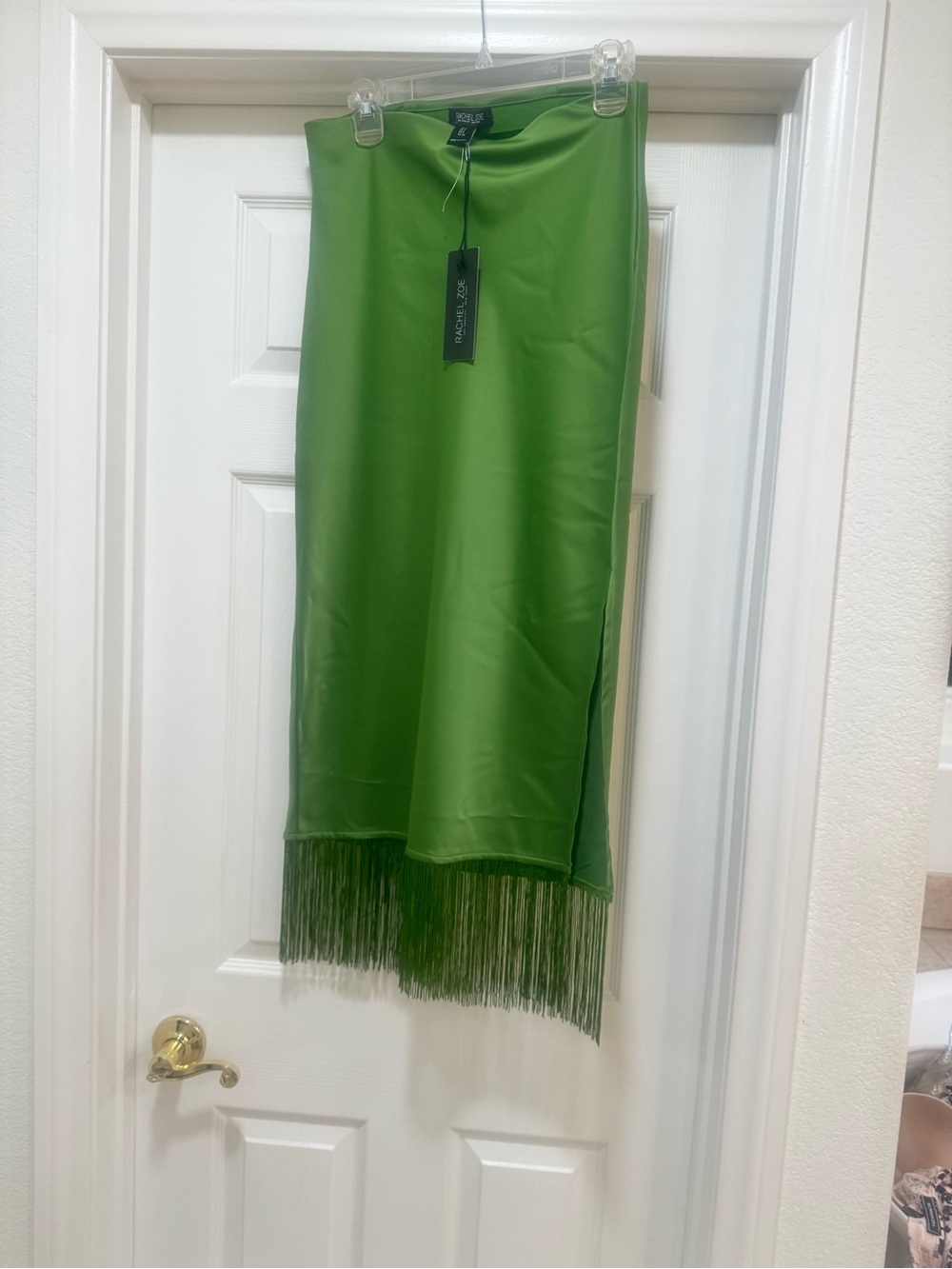 Rachel Zoe Lime Green Satin Midi Skirt with Fringe Trim